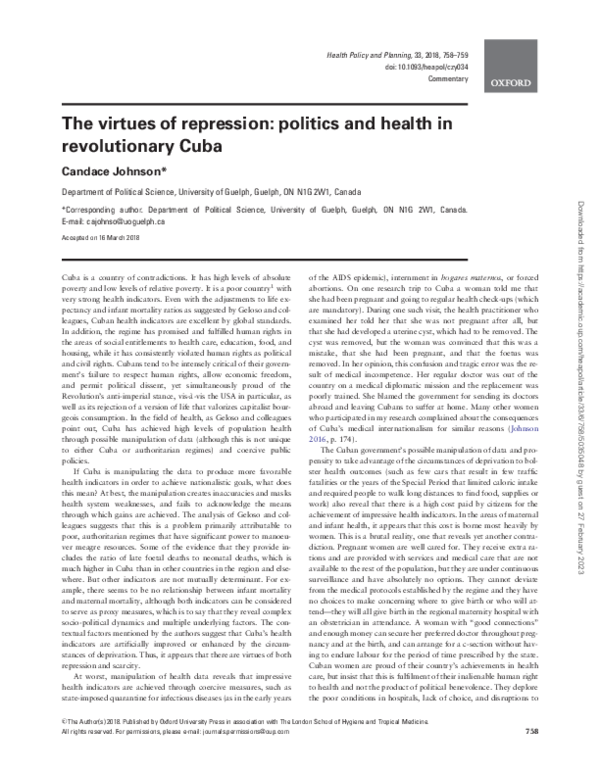 (PDF) The virtues of repression: politics and health in revolutionary Cuba