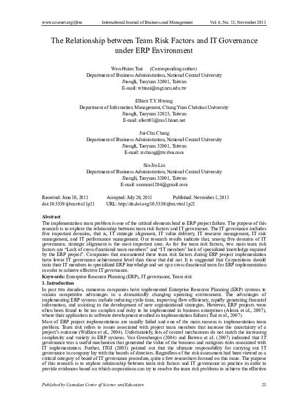 (PDF) The Relationship between Team Risk Factors and IT Governance ...