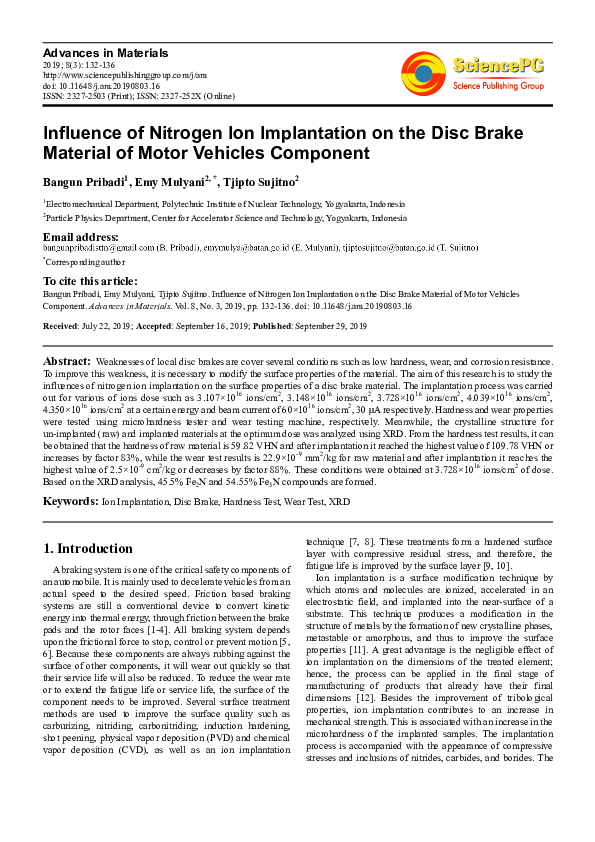 (PDF) Influence of Nitrogen Ion Implantation on the Disc Brake Material ...