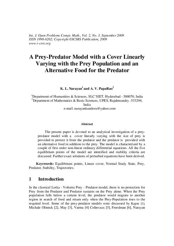 (PDF) A Prey-Predator Model with a Cover Linearly Varying with the Prey ...