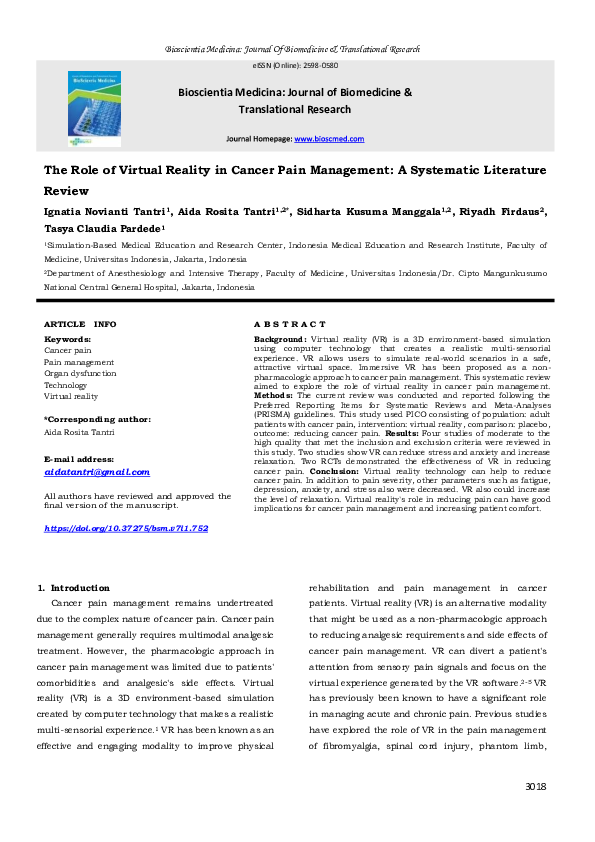 (PDF) The Role of Virtual Reality in Cancer Pain Management: A ...