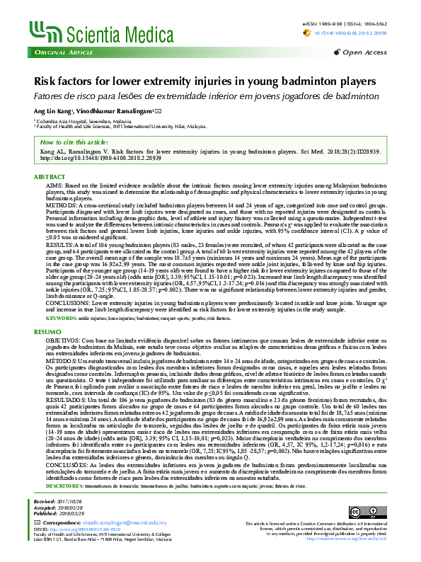 (PDF) Risk factors for lower extremity injuries in young badminton ...