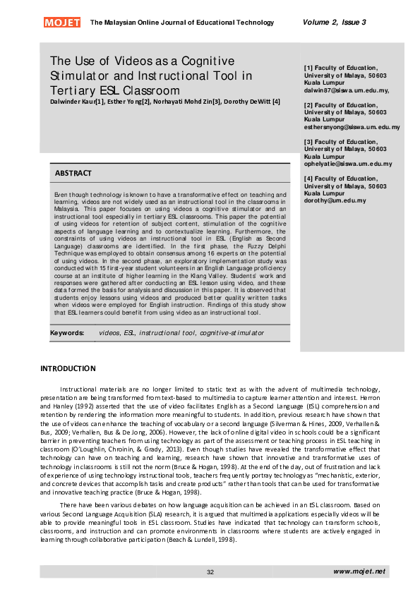 (PDF) The Use of Videos as a Cognitive Stimulator and Instructional ...