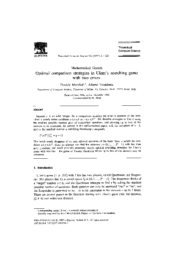 (PDF) Optimal comparison strategies in Ulam's searching games with two lies
