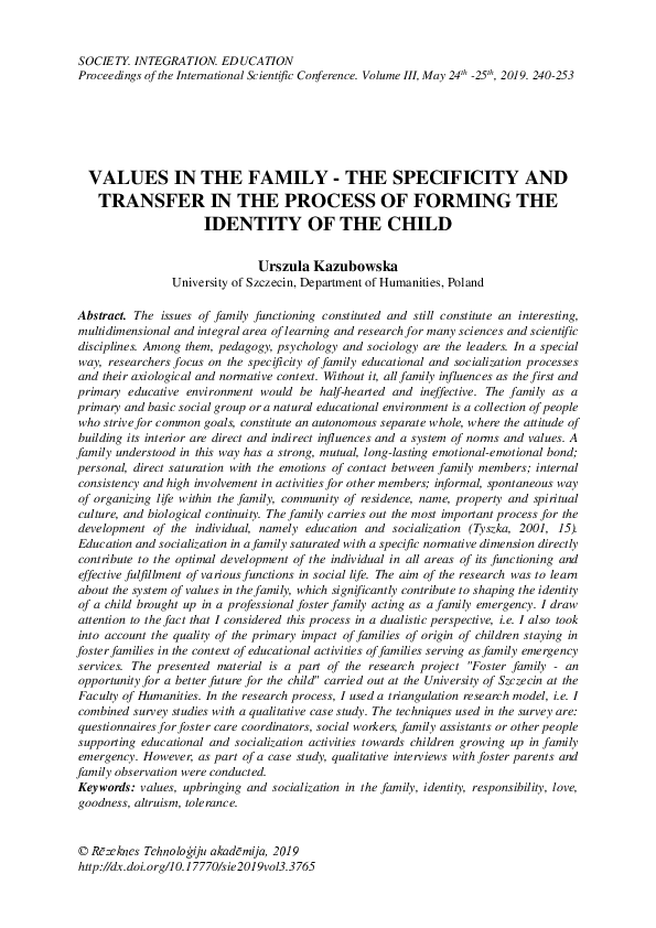 (PDF) Values in the Family - the Specificity and Transfer in the ...