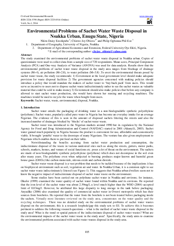 (PDF) Environmental Problems of Sachet Water Waste Disposal in Nsukka ...