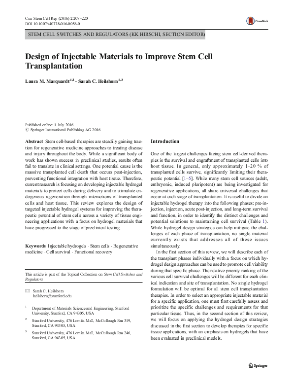 (PDF) Design of Injectable Materials to Improve Stem Cell Transplantation