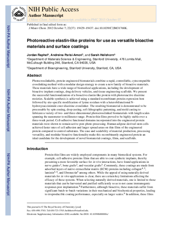 (PDF) Photoreactive elastin-like proteins for use as versatile ...