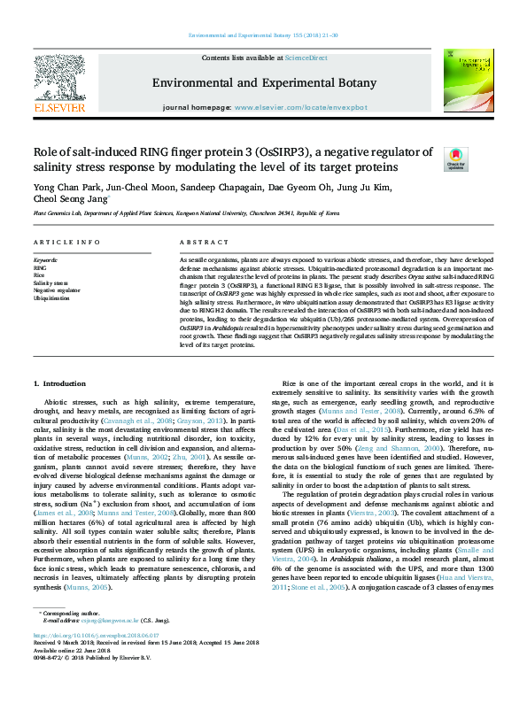 (PDF) Role of salt-induced RING finger protein 3 (OsSIRP3), a negative ...