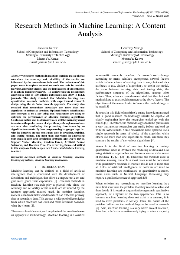 (PDF) Research Methods in Machine Learning: A Content Analysis