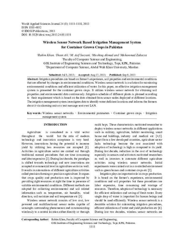 (PDF) Wireless Sensor Network Based Irrigation Management System for ...