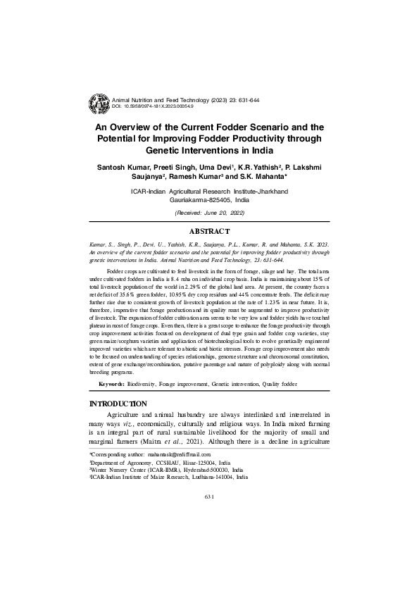 (PDF) An Overview of the Current Fodder Scenario and the Potential for ...