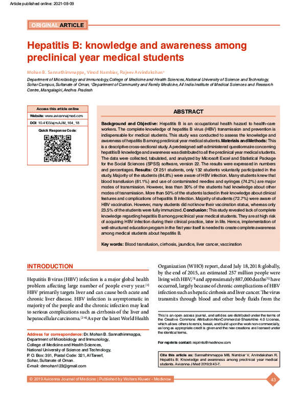 (PDF) Hepatitis B: Knowledge and awareness among preclinical year ...