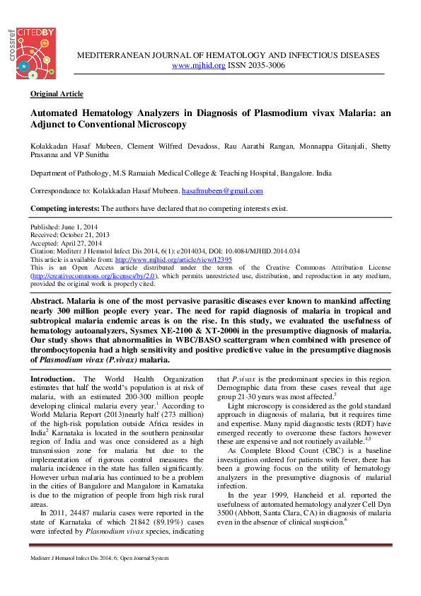 (PDF) Automated Hematology Analyzers in Diagnosis of Plasmodium Vivax ...
