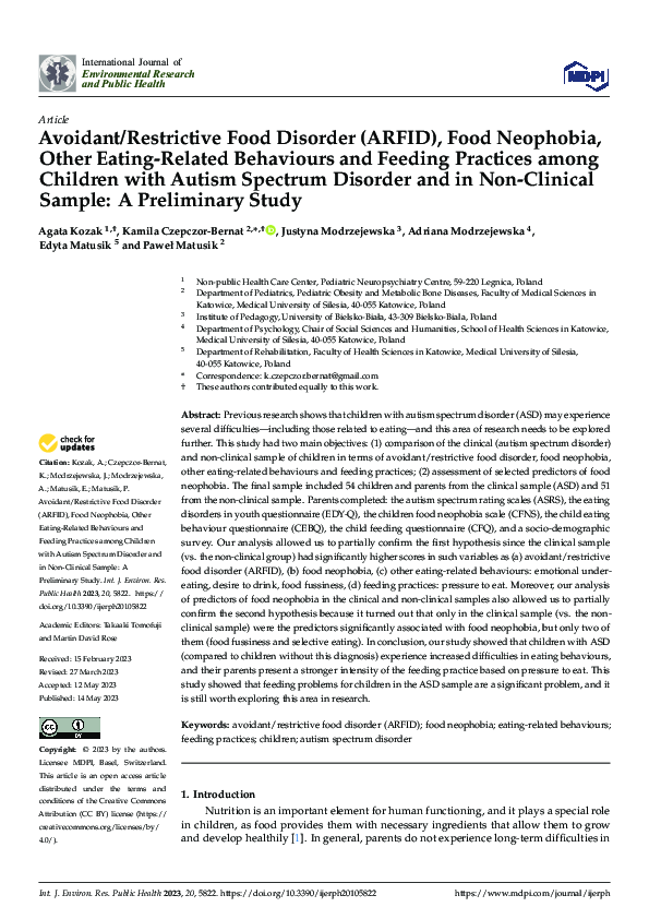 (PDF) Avoidant/Restrictive Food Disorder (ARFID), Food Neophobia, Other ...
