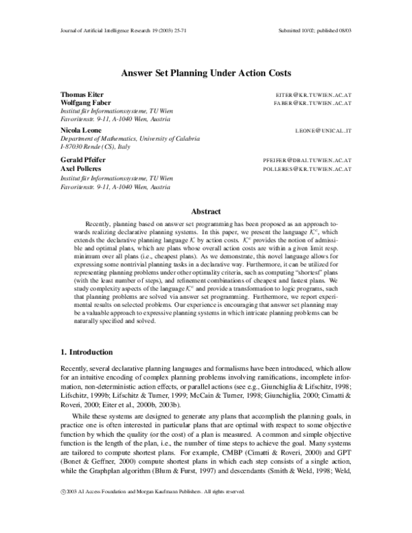 (PDF) Answer Set Planning under Action Costs