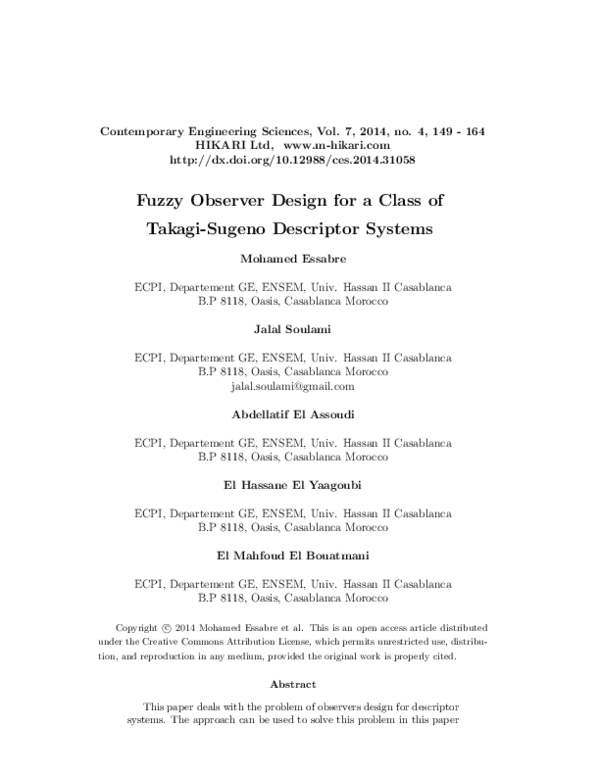 (PDF) Fuzzy observer design for a class of Takagi-Sugeno descriptor systems