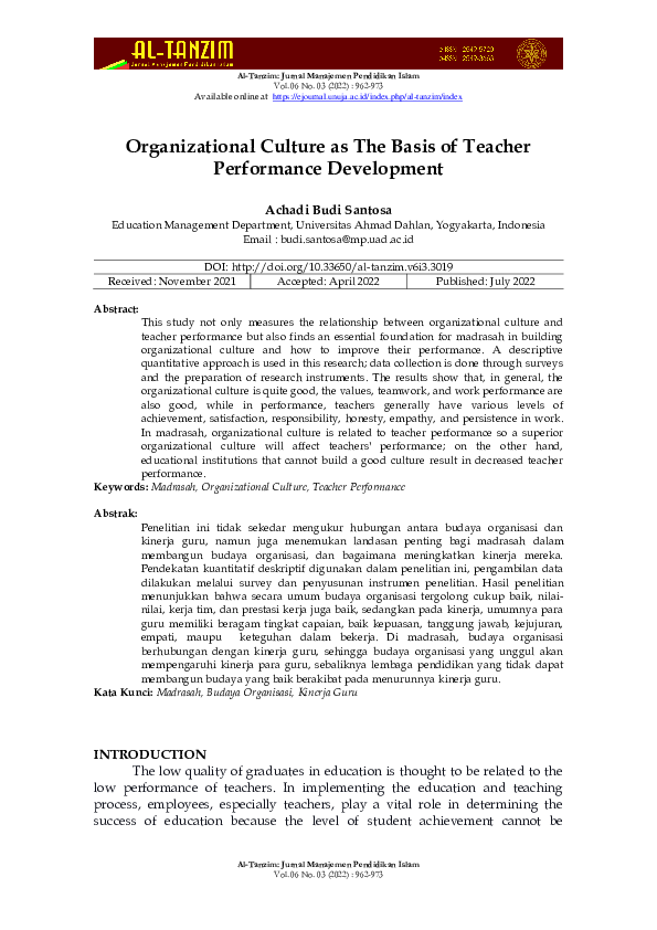 (PDF) Organizational Culture as The Basis of Teacher Performance ...