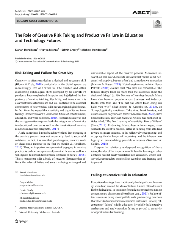 (PDF) The Role of Creative Risk Taking and Productive Failure in ...