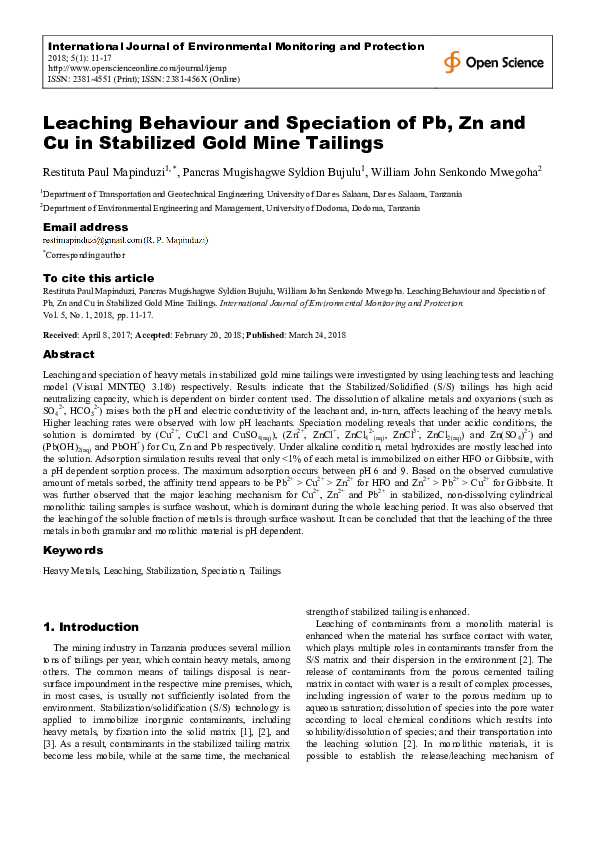 (PDF) Leaching Behaviour and Speciation of Pb, Zn and Cu in Stabilized ...