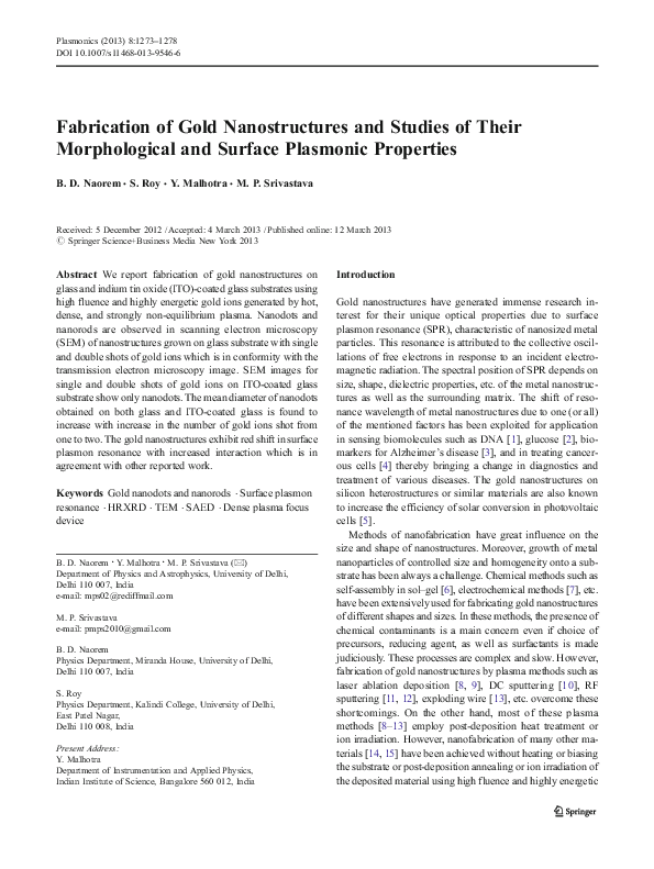 (PDF) Fabrication of Gold Nanostructures and Studies of Their ...