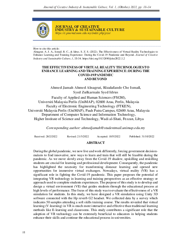 (PDF) The Effectiveness of Virtual Reality Technologies to Enhance ...