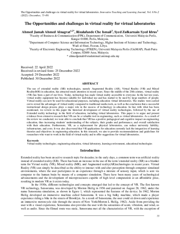 (PDF) The Opportunities and challenges in virtual reality for virtual ...