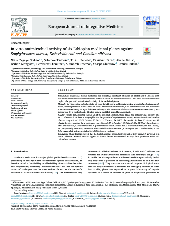 (PDF) In vitro antimicrobial activity of six Ethiopian medicinal plants ...