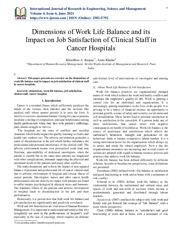 (PDF) Dimensions of Work Life Balance and its Impact on Job ...