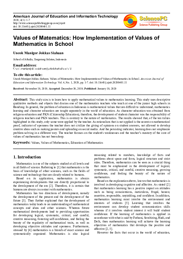 (PDF) Values of Matematics: How Implementation of Values of Mathematics ...