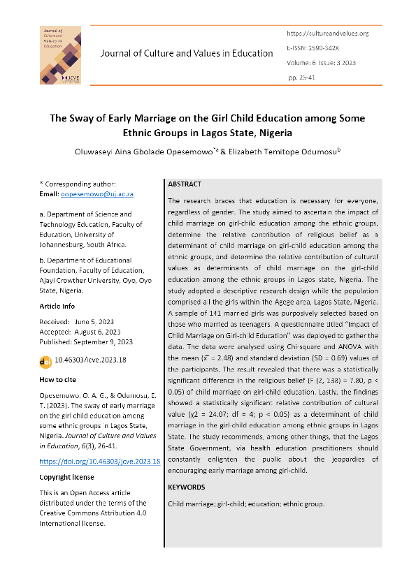 (PDF) The Sway of Early Marriage on the Girl Child Education among Some ...