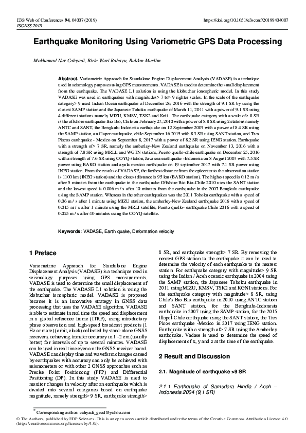 (PDF) Earthquake Monitoring Using Variometric GPS Data Processing