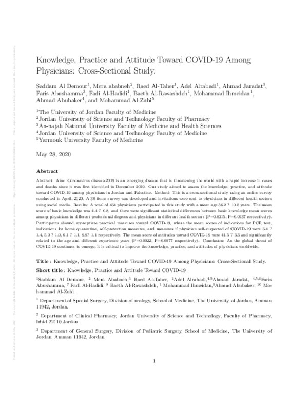 (PDF) Knowledge, Practice and Attitude Toward COVID-19 Among Physicians ...