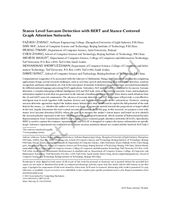 (PDF) Stance-level Sarcasm Detection with BERT and Stance-centered ...