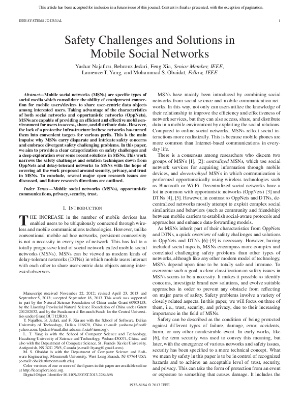 (PDF) Safety Challenges and Solutions in Mobile Social Networks