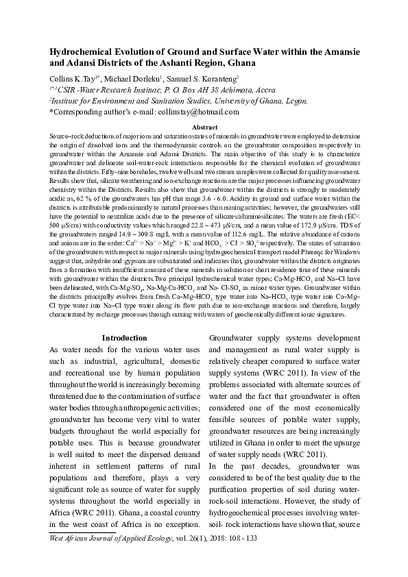 (PDF) Hydrochemical Evolution of Ground and Surface Water within the ...