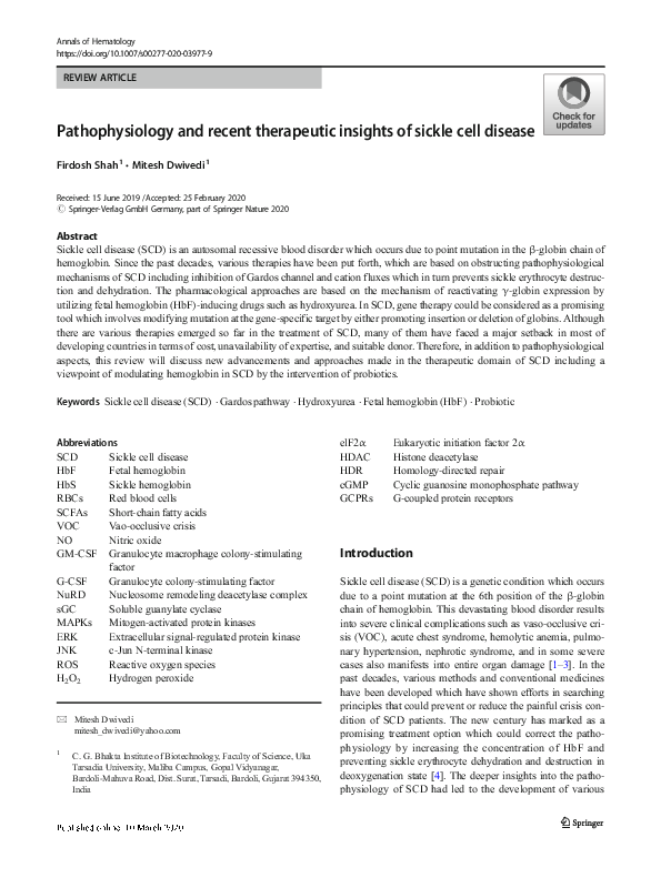 (PDF) Pathophysiology and recent therapeutic insights of sickle cell ...