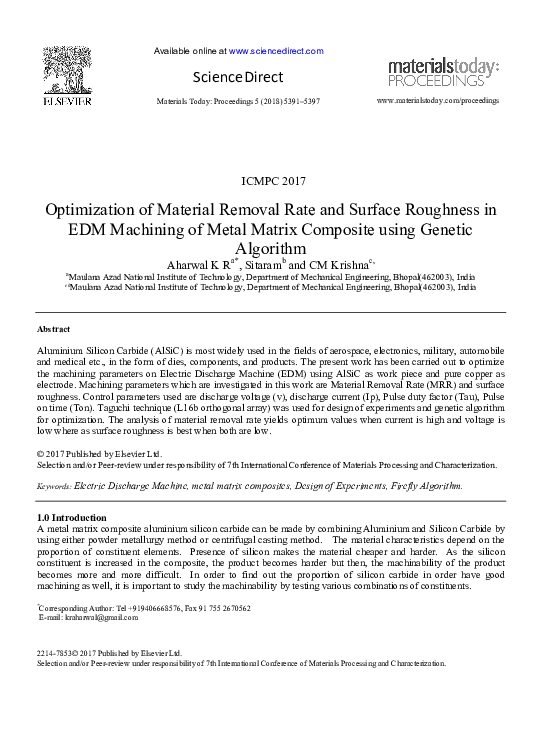 (PDF) Optimization of material removal rate and surface roughness ...