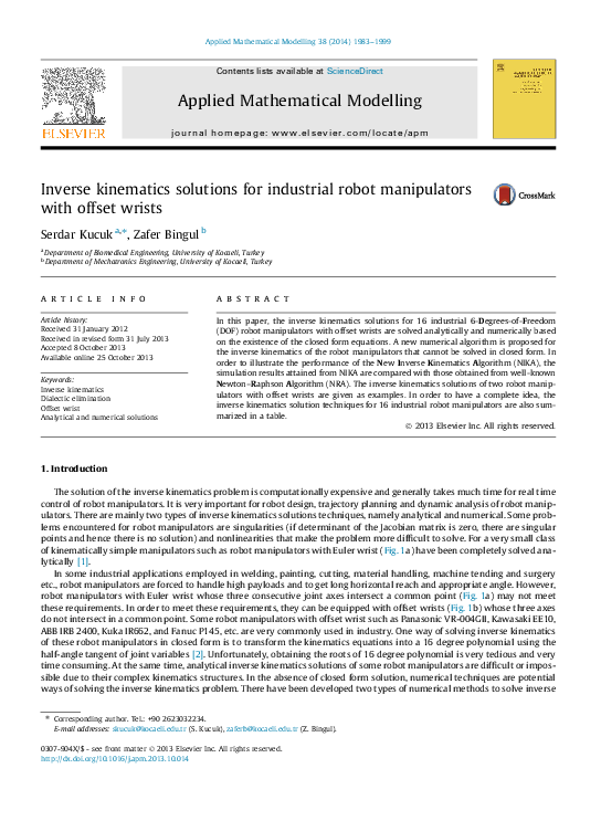 (PDF) Inverse kinematics solutions for industrial robot manipulators ...