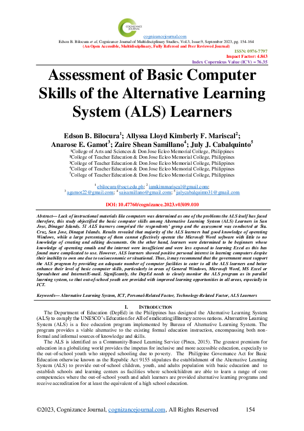 (PDF) Assessment of Basic Computer Skills of the Alternative Learning ...