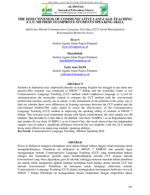 (PDF) Effectiveness of Communicative Language Teaching (CLT) Method to ...
