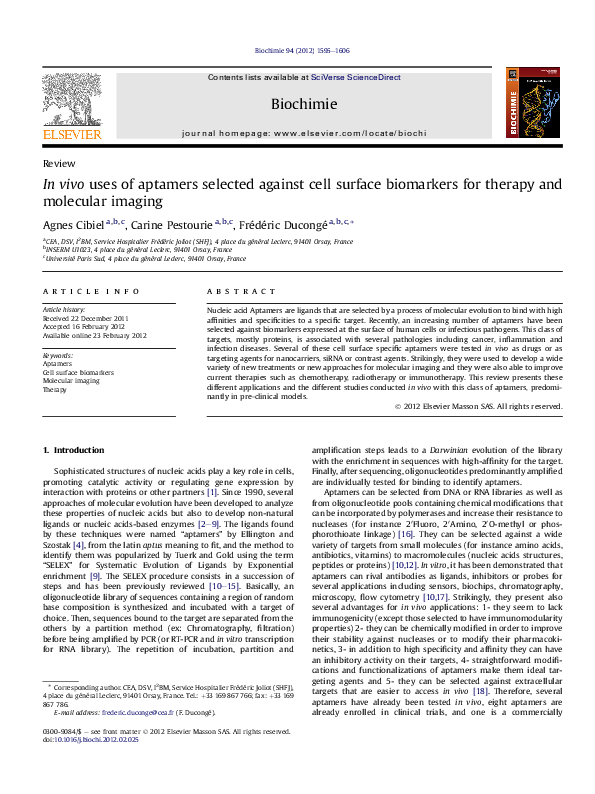(PDF) In vivo uses of aptamers selected against cell surface biomarkers ...