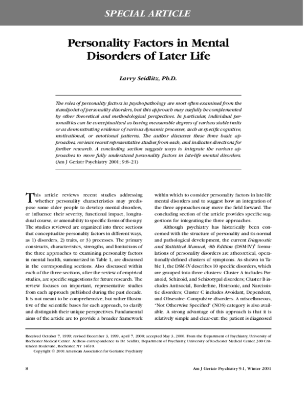 (PDF) Personality Factors in Mental Disorders of Later Life