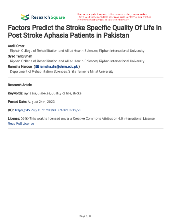 (PDF) Factors Predict the Stroke Specific Quality Of Life In Post ...