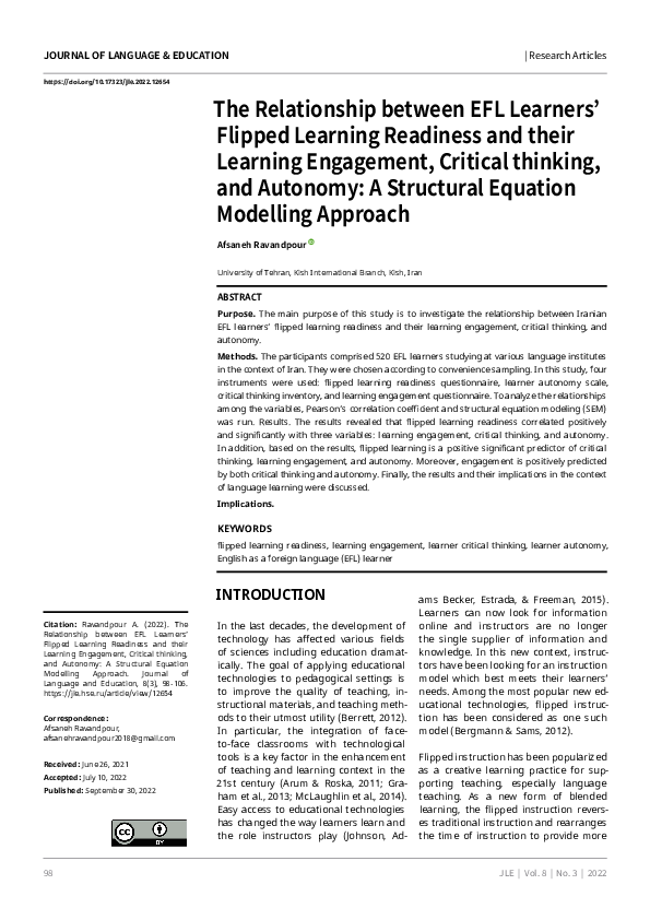 (PDF) The Relationship between EFL Learners' Flipped Learning Readiness ...