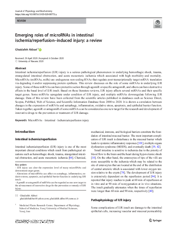 (PDF) Emerging roles of microRNAs in intestinal ischemia/reperfusion ...