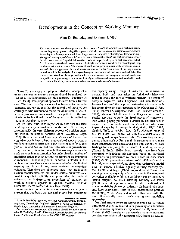 (PDF) Developments in the concept of working memory