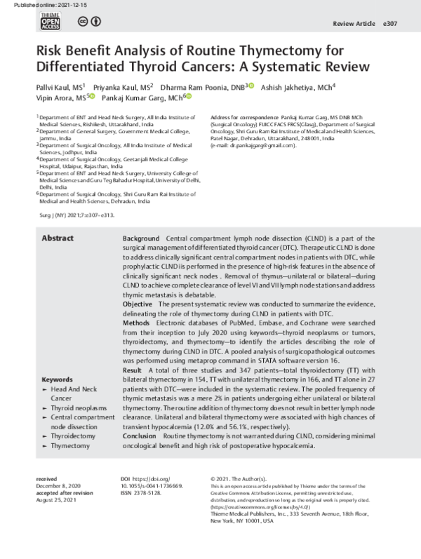 (PDF) Risk Benefit Analysis of Routine Thymectomy for Differentiated