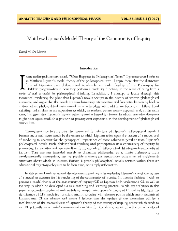 (PDF) Matthew Lipman's Model Theory of the Community of Inquiry