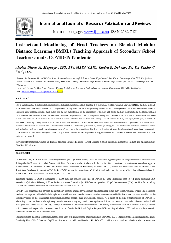 (PDF) Instructional Monitoring of Head Teachers on Blended Modular ...